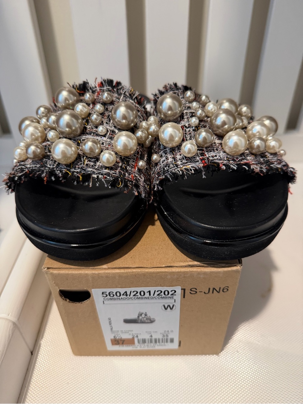 Zara Black Tweed Pearl Slide Sandals
